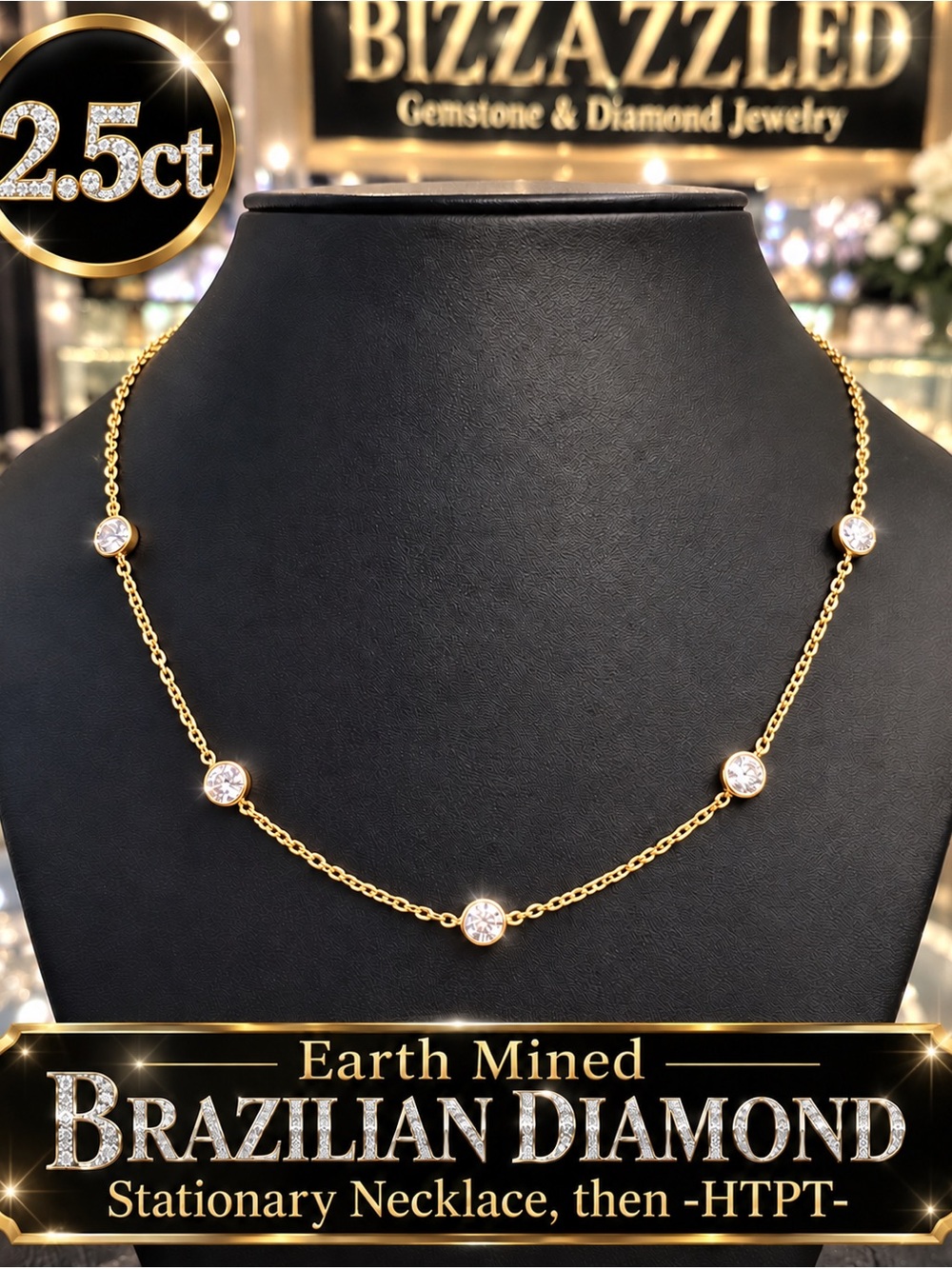 Certified Diamond Stationary Necklace. 14k yellow gold on Silver 2.5ct Bezel set